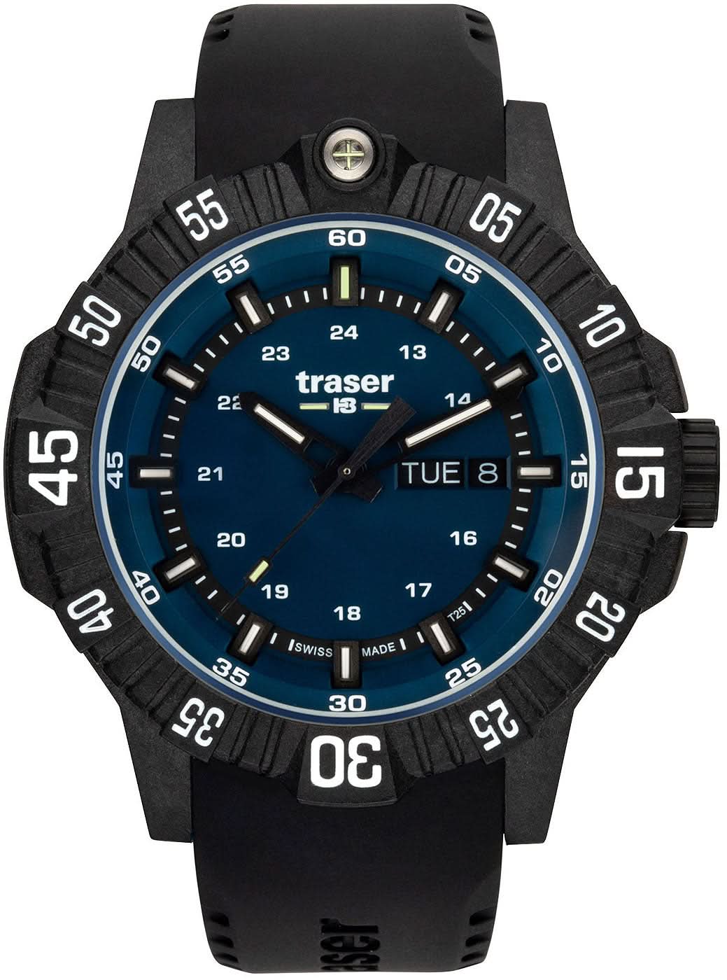 Pulsera de hombre Traser P99 con esfera azul, bisel negro y correa de silicona