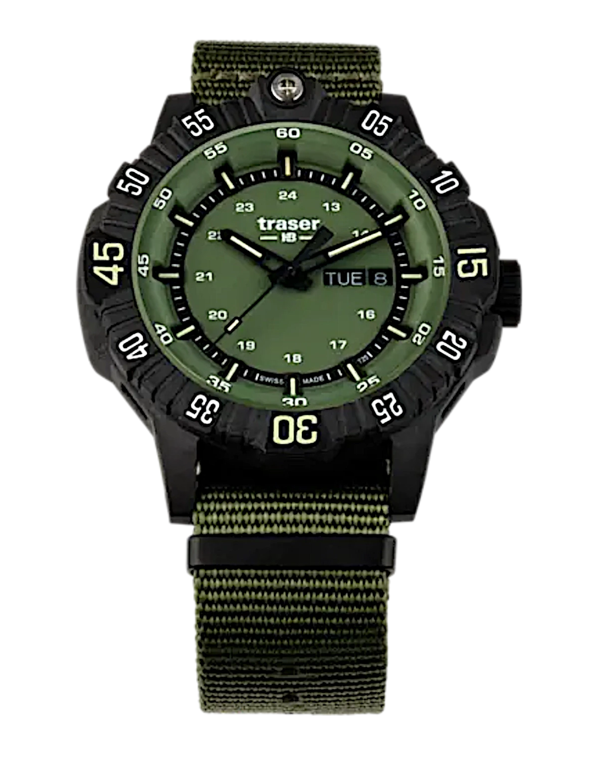 Reloj táctico Traser P99 Q con correa textil verde y números luminosos en la esfera