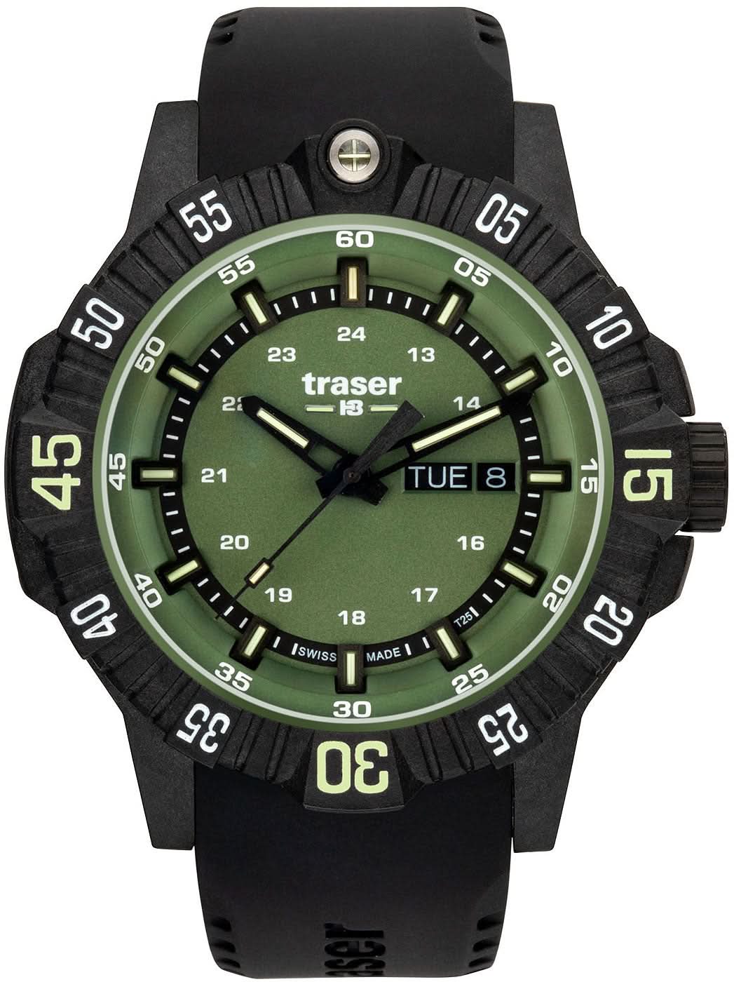 Pulsera de hombre con caja negra, esfera verde y correa de caucho negra