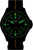 Reloj de hombre: esfera verde luminosa, correa de tela negra con raya central marrón