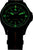 Reloj de hombre: esfera verde con índices luminosos, correa de tela negra con raya central marrón