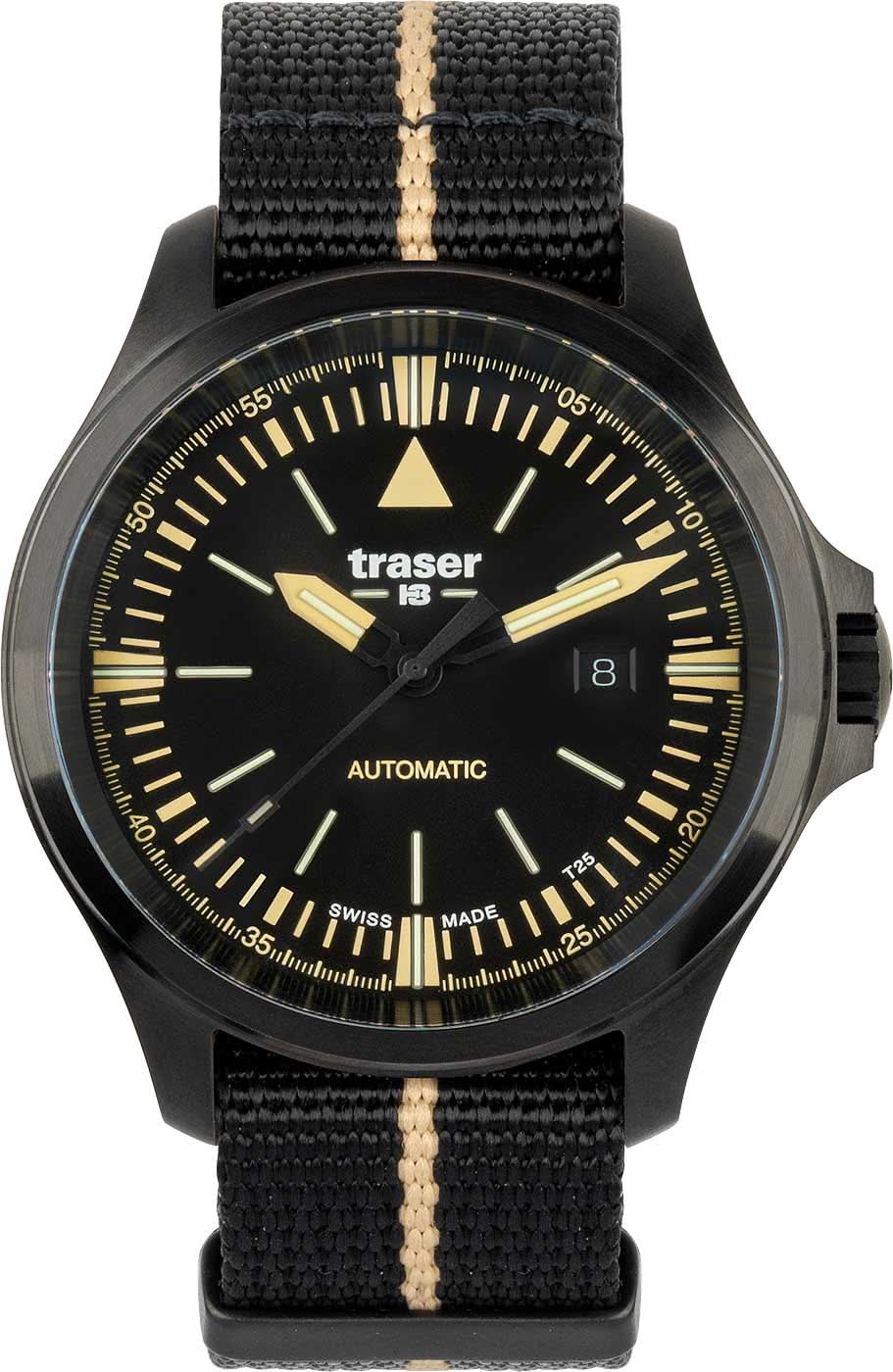 Reloj de hombre: esfera negra, índices dorados, correa de tela negra con raya beige