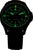Pulsera de hombre con correa negra, esfera oscura con marcadores luminosos verdes