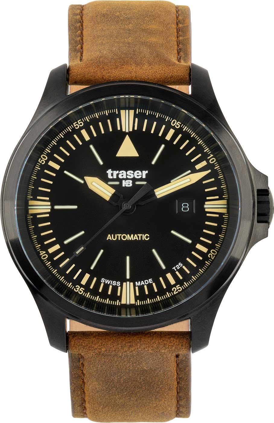 Pulsera de hombre con correa de cuero marrón, esfera negra e índices dorados