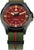 Reloj de hombre con correa de tela verde y caja negra, esfera roja con indicador de día 8
