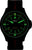 Reloj de hombre con correa de tela negra, números y manecillas luminiscentes verdes, visualización automática