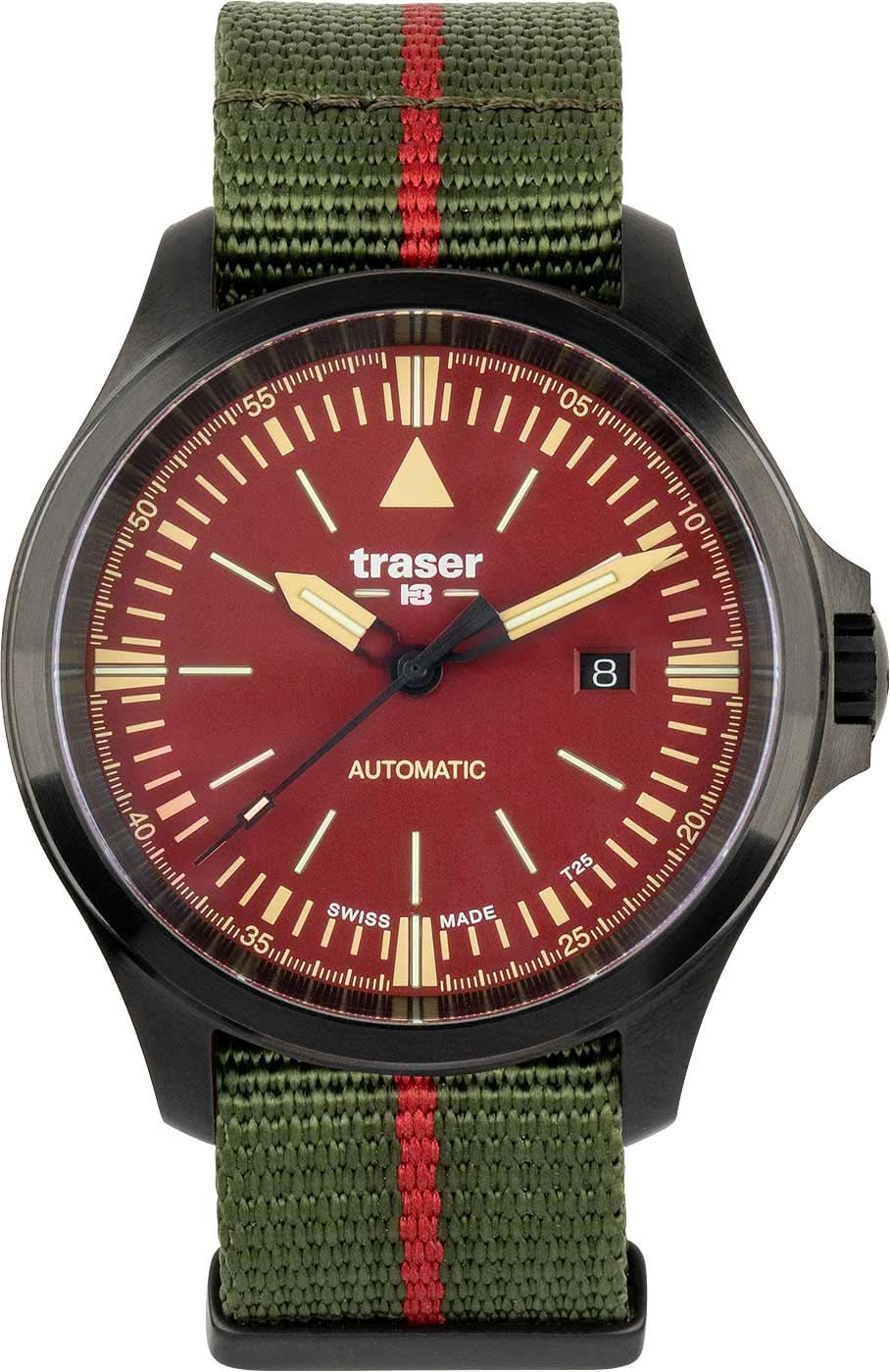Reloj de hombre con correa de tela verde y caja negra, esfera roja con logo traser