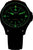 Reloj automático con correa de cuero negra, esfera verde luminosa y caja negra