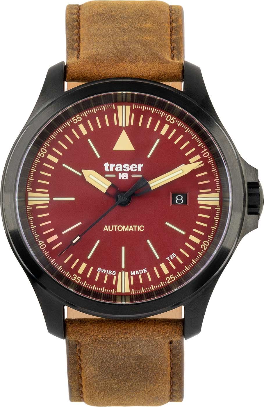 Reloj automático con correa de cuero marrón, esfera roja y caja negra