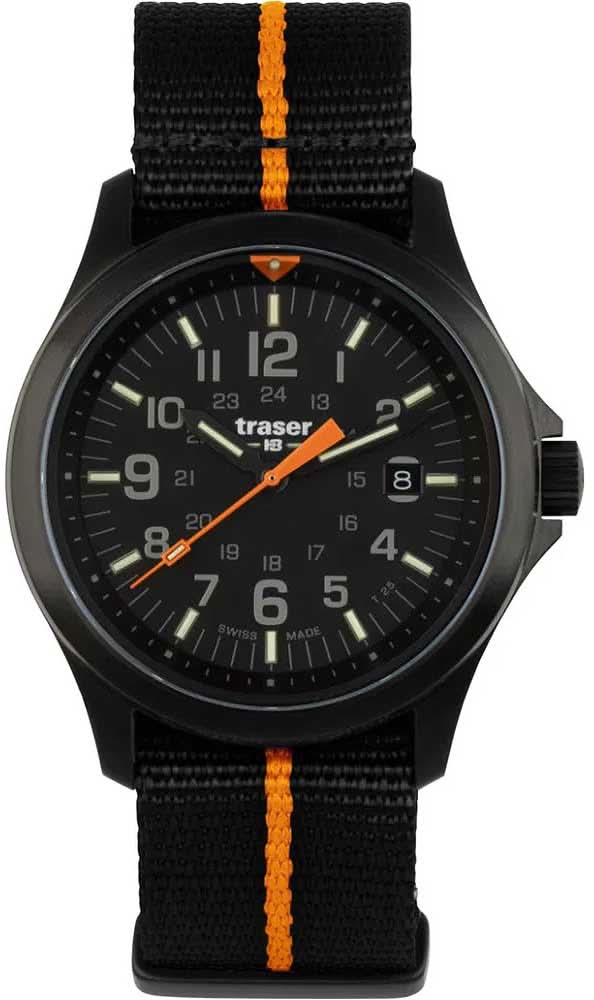 Pulsera para hombre Traser: esfera negra, detalles naranjas, pulsera textil negra con rayas