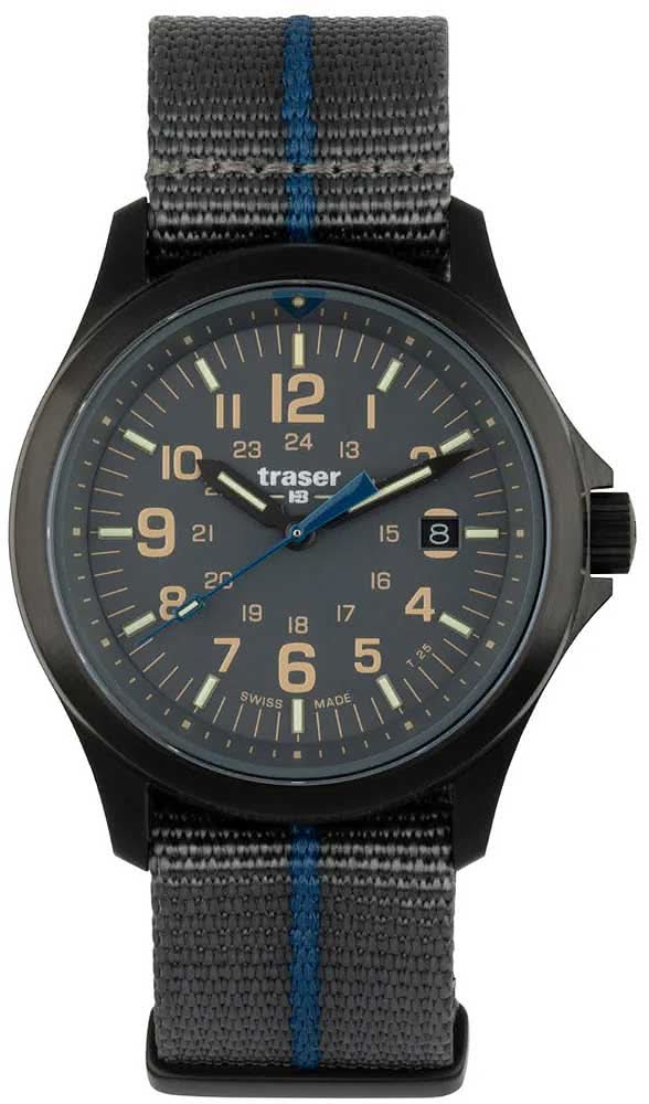 Reloj Traser para hombre con esfera negra y correa textil negra con raya azul