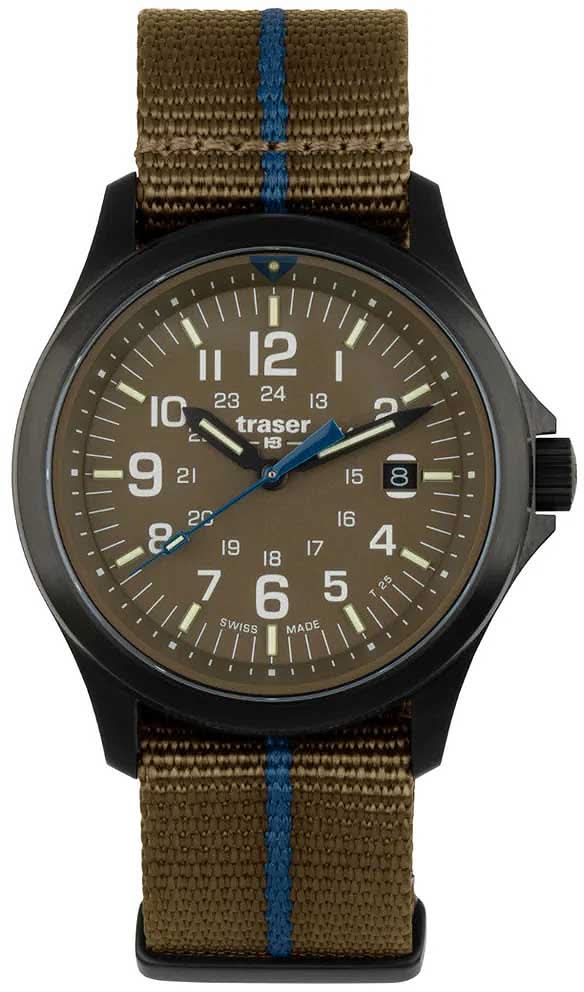Reloj de hombre con caja negra, esfera marrón oscuro y correa color caqui con raya azul