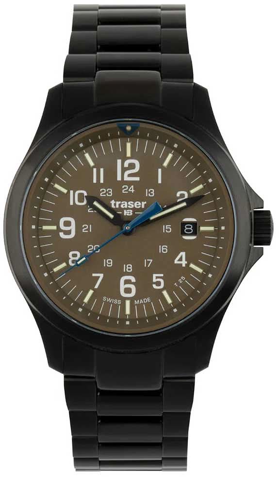 Reloj Traser para hombre con correa de metal negra y esfera verde oliva, ventana de fecha