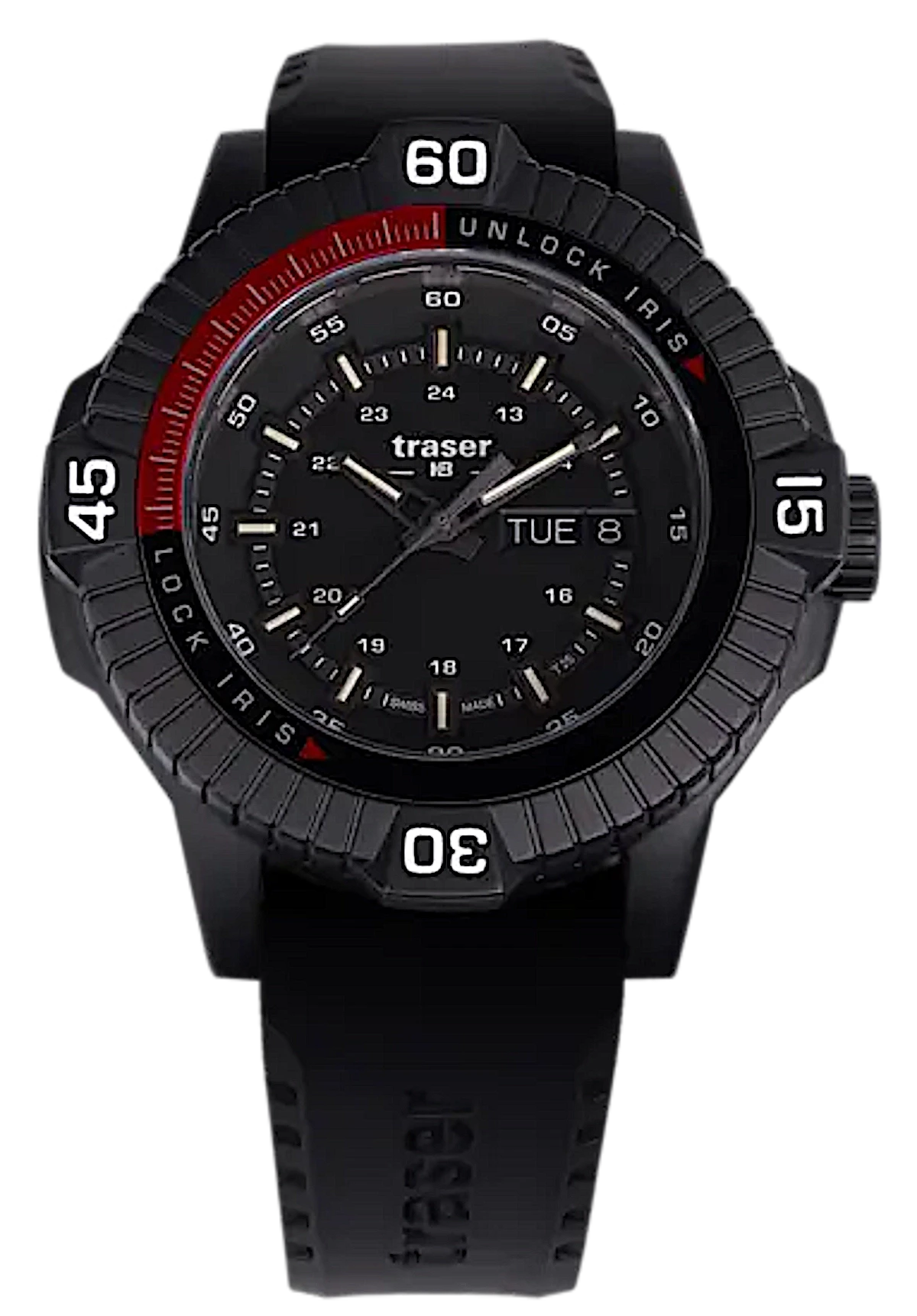 Reloj Traser para hombre con correa de caucho negra, esfera negra y bisel exterior rojo