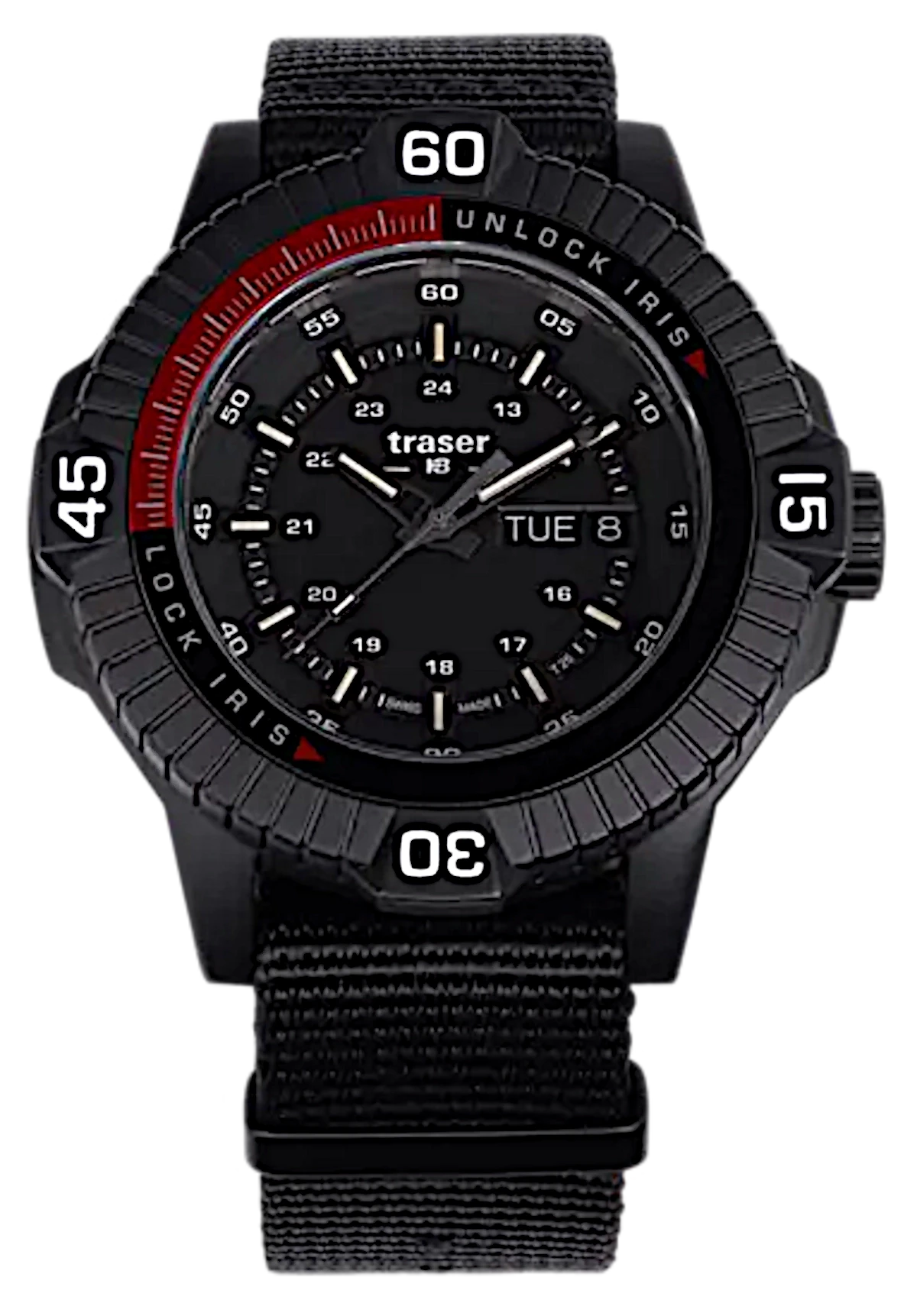 Reloj Traser para hombre, caja negra, correa textil negra, bisel rojo