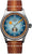 Reloj de hombre con esfera azul, índices naranjas y correa de cuero marrón