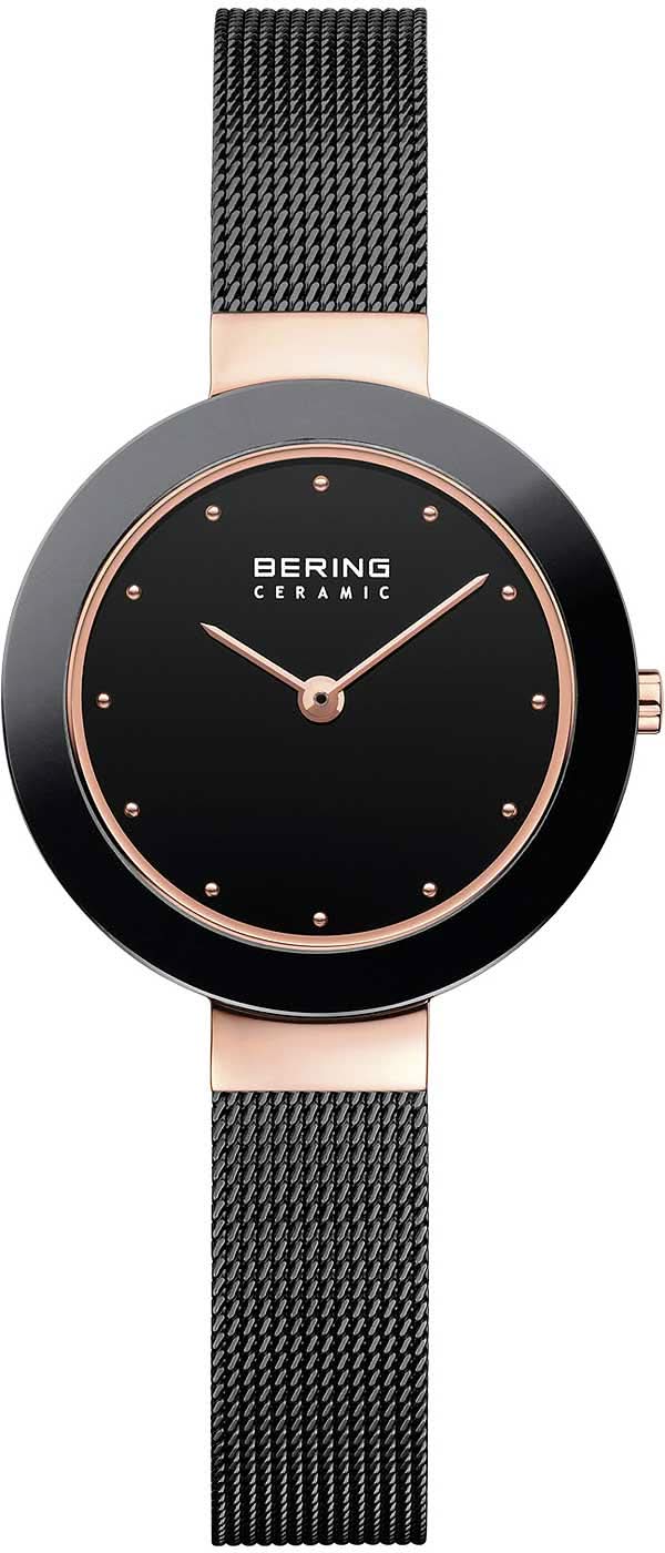 Reloj Bering para mujer con esfera negra, manecillas en oro rosa y correa Milanesa