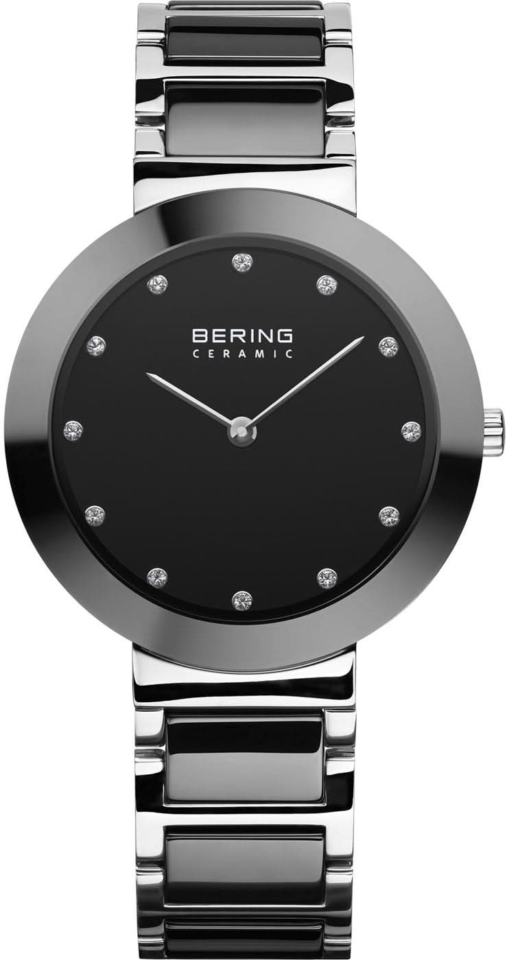 "Reloj de mujer con esfera negra, brazalete de cerámica plateada e índices redondos"