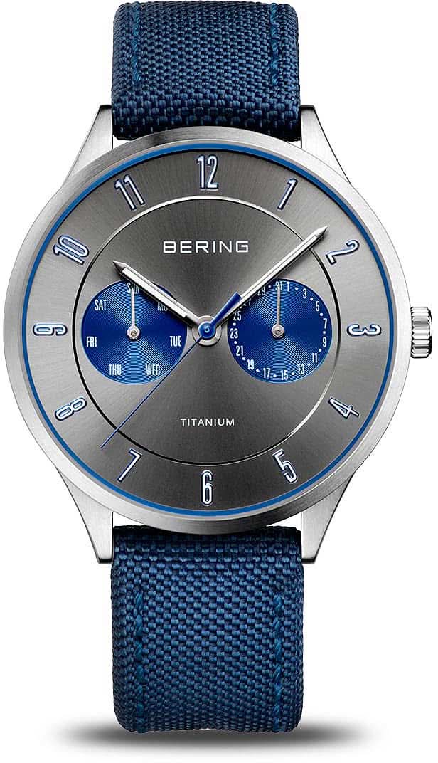 Reloj de hombre con correa textil azul y esfera azul, caja de titanio, BERING