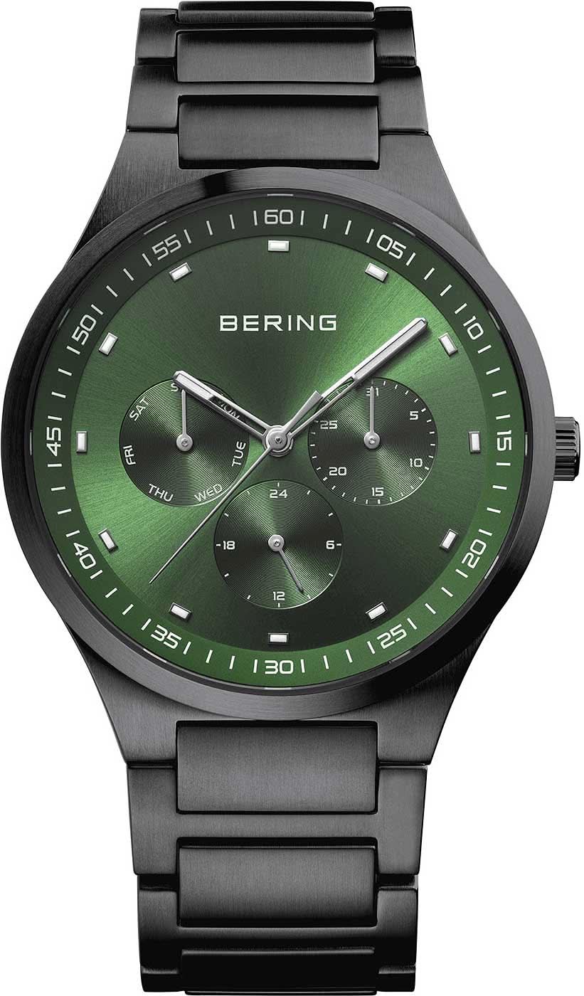 Reloj de hombre con caja negra, esfera verde, índices de bastón y brazalete de metal negro