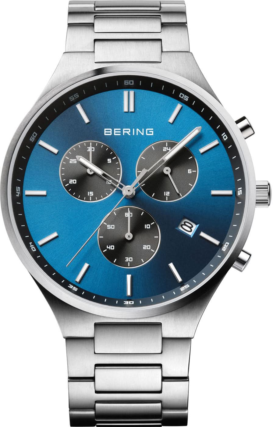 Pulsera de hombre con esfera azul, brazalete de titanio plateado e indicadores redondos