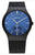 Reloj de hombre con esfera azul, manecillas plateadas y correa milanesa oscura