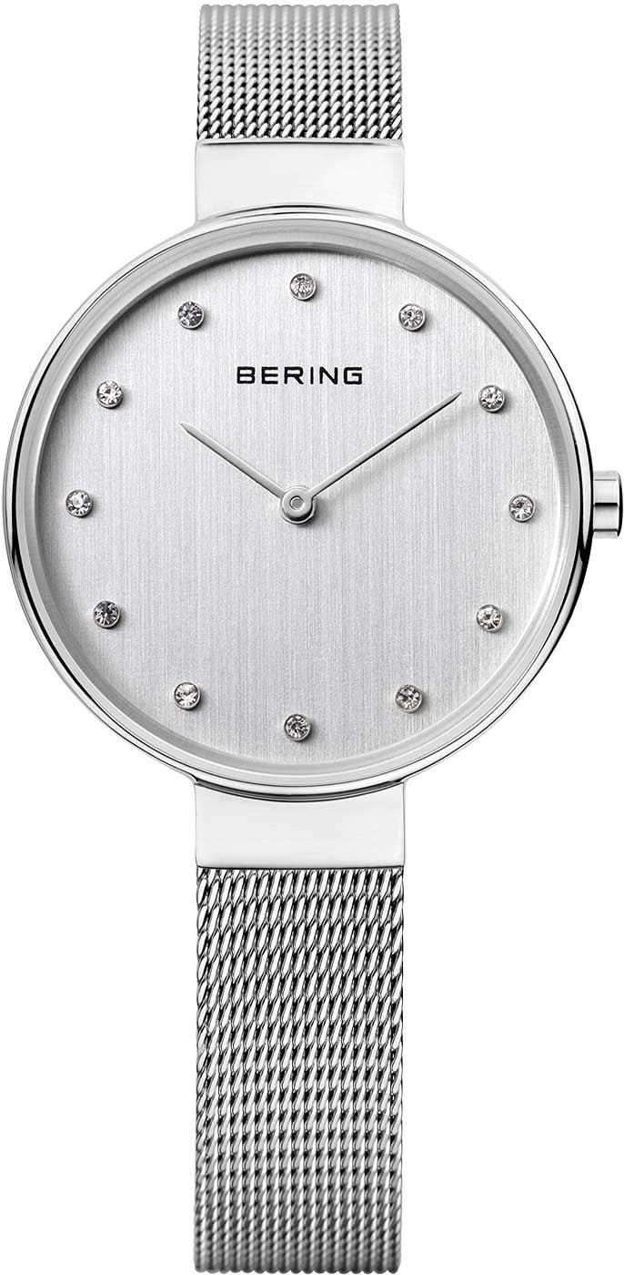 "Reloj de mujer con pulsera milanesa plateada y esfera redonda, logo de Bering"