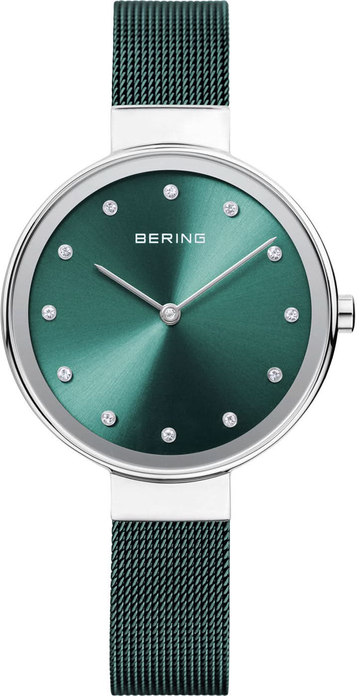 Reloj Bering para mujer con esfera verde, caja plateada y correa milanesa