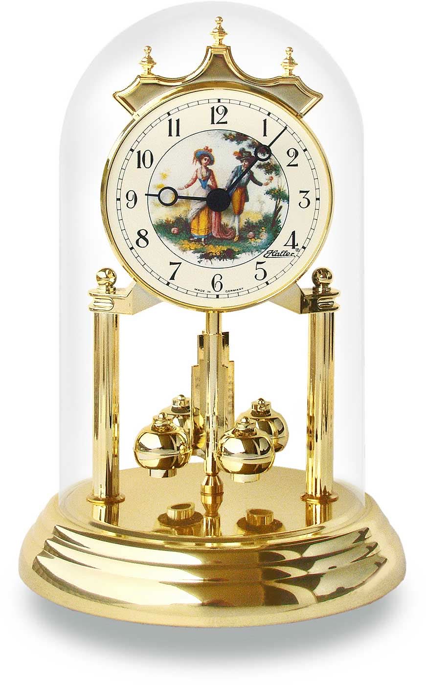 Reloj de mesa con esfera redonda, campana de cristal y péndulo giratorio, diseño dorado