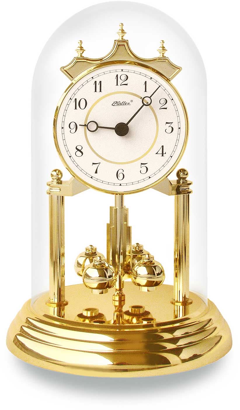 Reloj de mesa de latón con campana de cristal, esfera redonda, números romanos y péndulo giratorio