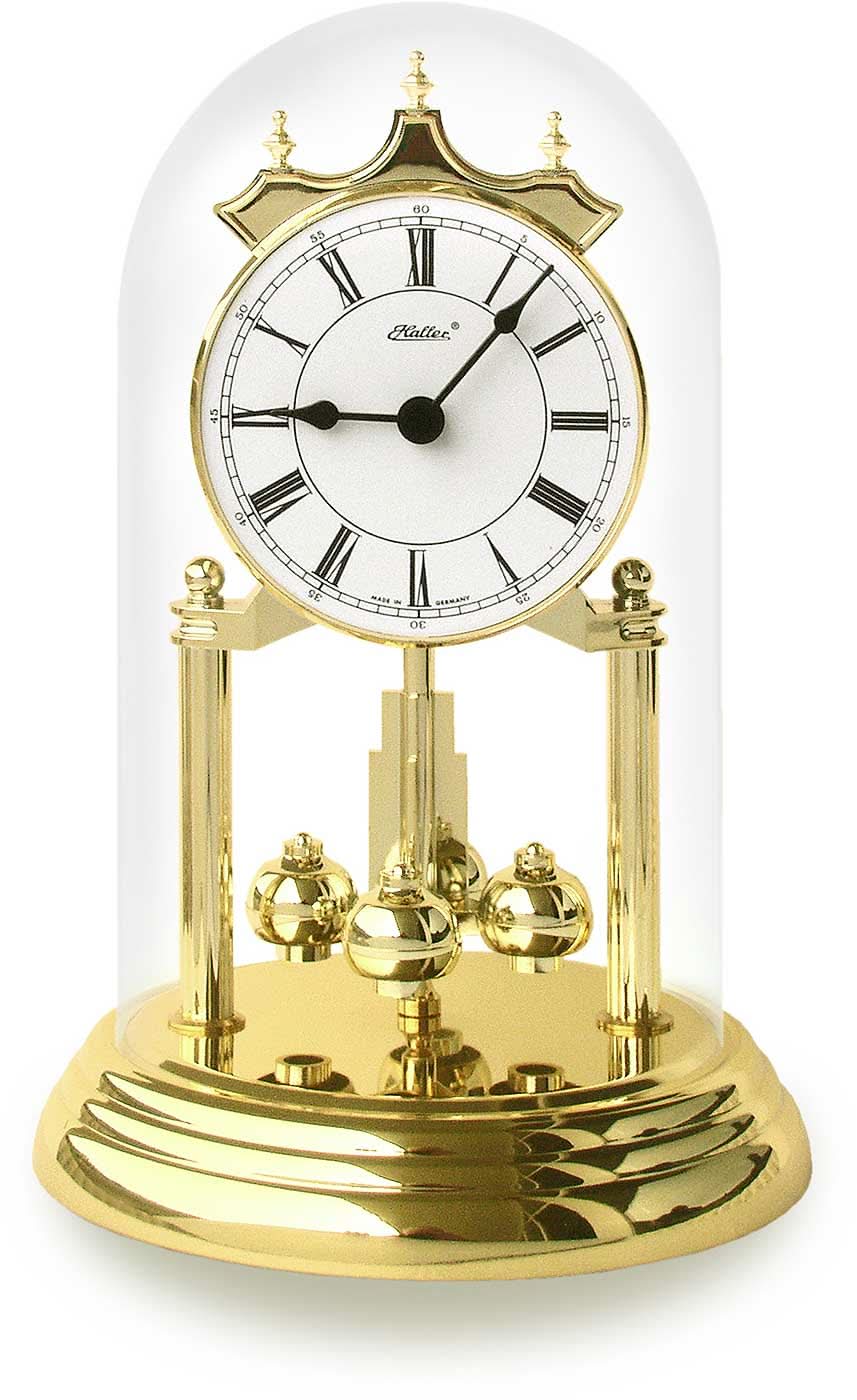 Reloj de mesa de latón con campana de cristal, números romanos y manecillas, diseño clásico