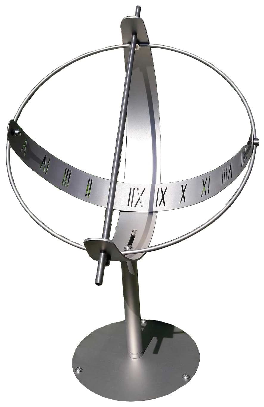 Reloj de sol de acero inoxidable con esfera redonda y números romanos sobre base