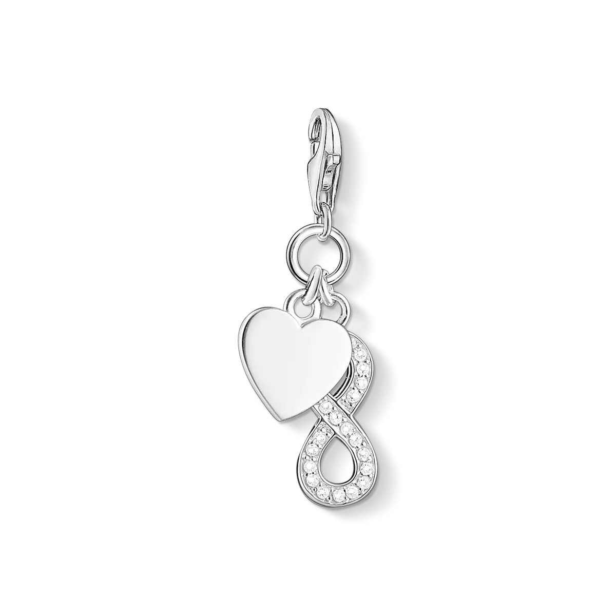 Colgante Charm de plata de ley 925 con corazón, infinito y circonita