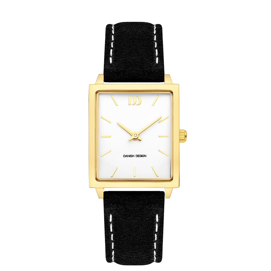 Danish Design Miami Stretch IV15Q1255 Damenuhr Silber/Gold • Rechteckiges Gehäuse • Lederarmband Schwarz