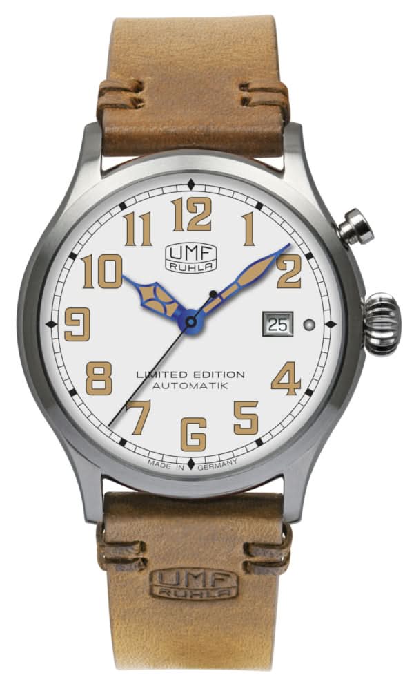 Pulsera de hombre UMF Ruhla con caja plateada, esfera blanca y correa de cuero marrón