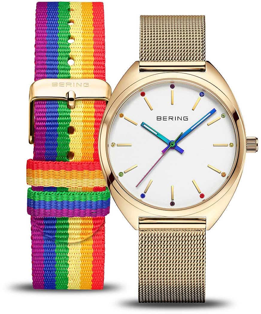 Reloj de mujer con caja dorada y pulsera textil de rayas multicolor