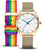 Reloj de mujer con caja dorada y pulsera textil de rayas multicolor