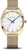 "Reloj de mujer con caja dorada y pulsera milanesa, esfera blanca"