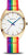 "Reloj de mujer con caja dorada y pulsera de rayas multicolor, esfera blanca"