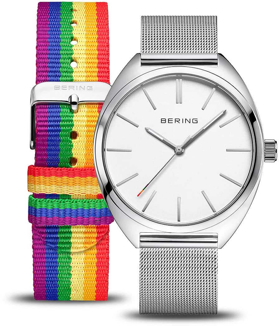 Reloj Bering con caja plateada, esfera blanca y correa textil multicolor