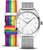 Reloj Bering con caja plateada, esfera blanca y correa textil multicolor