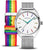 "Reloj redondo con esfera blanca, índices de colores y brazalete milanés plateado"