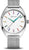 "Reloj redondo con esfera blanca, índices de colores y brazalete milanés plateado"