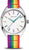 "Reloj redondo con esfera blanca, índices de colores y correa textil multicolor"