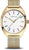 Reloj dorado con esfera blanca, índices de colores y correa milanesa