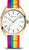 Reloj redondo para hombre con esfera blanca, caja dorada y correa de tela arcoíris