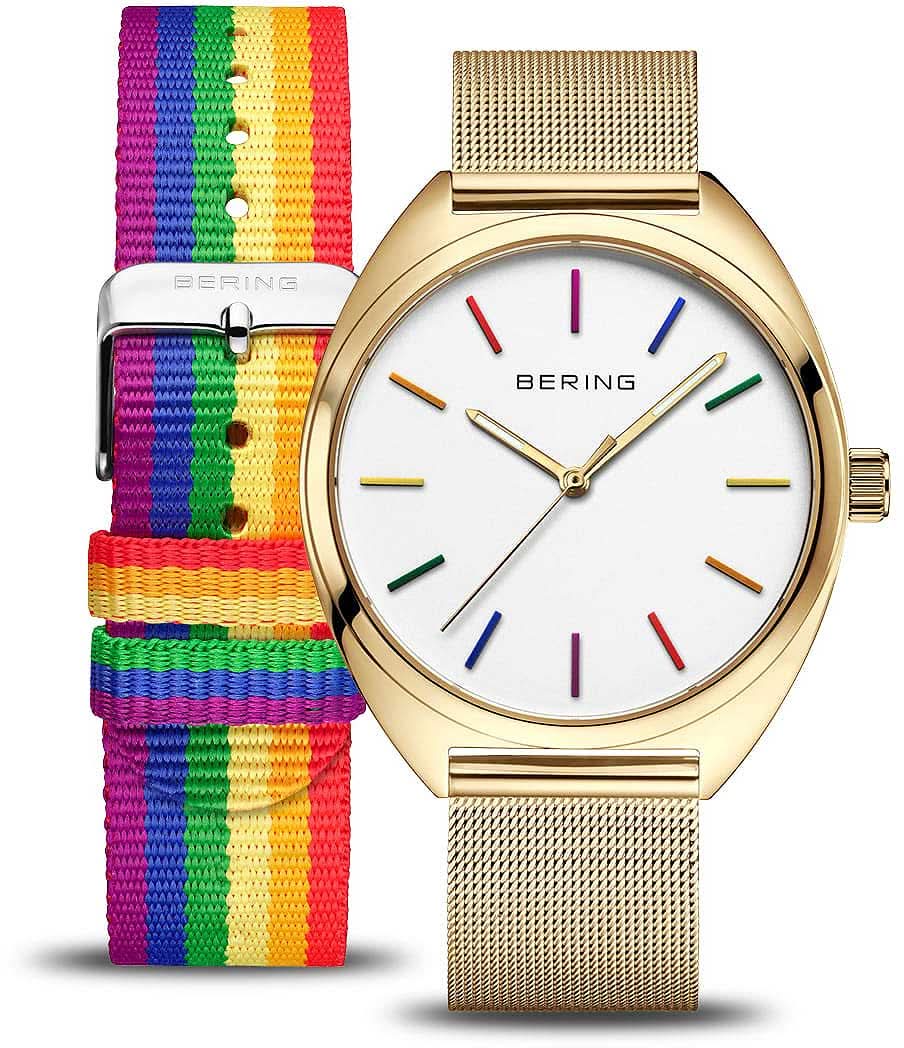 Reloj de hombre con esfera blanca, caja dorada y cierre de tela multicolor