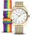 Reloj de hombre con esfera blanca, caja dorada y cierre de tela multicolor