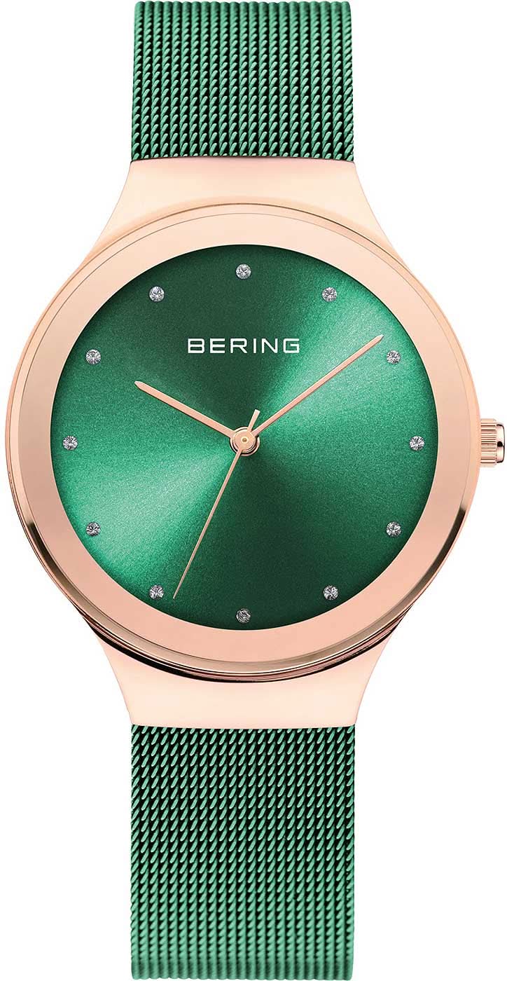 Reloj de mujer con correa Milanesa verde, bisel en tono oro rosa y esfera verde BERING
