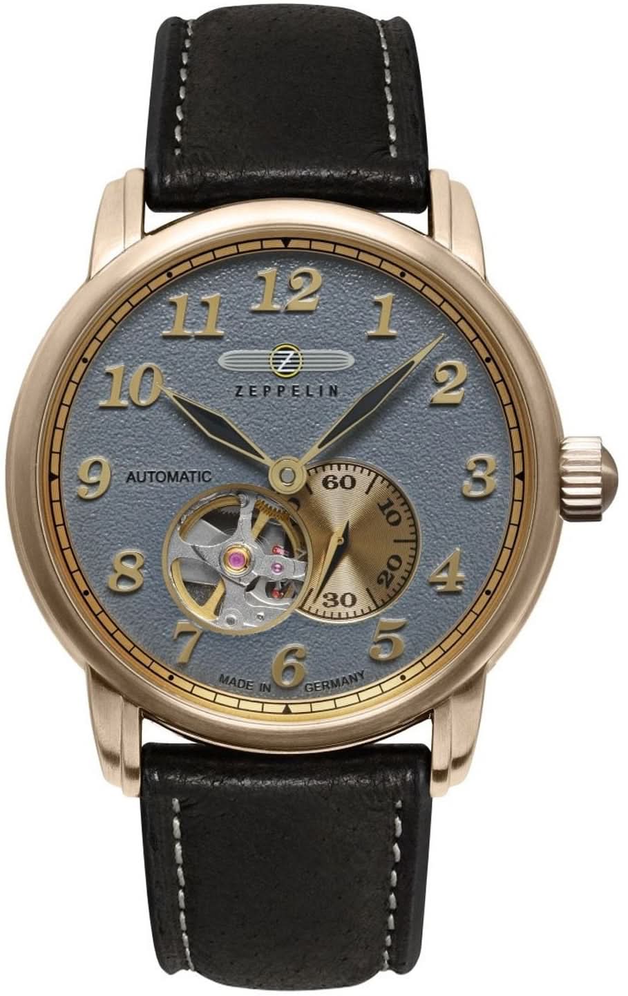 Reloj de hombre: esfera azul-dorada, correa de cuero negra, movimiento a la vista